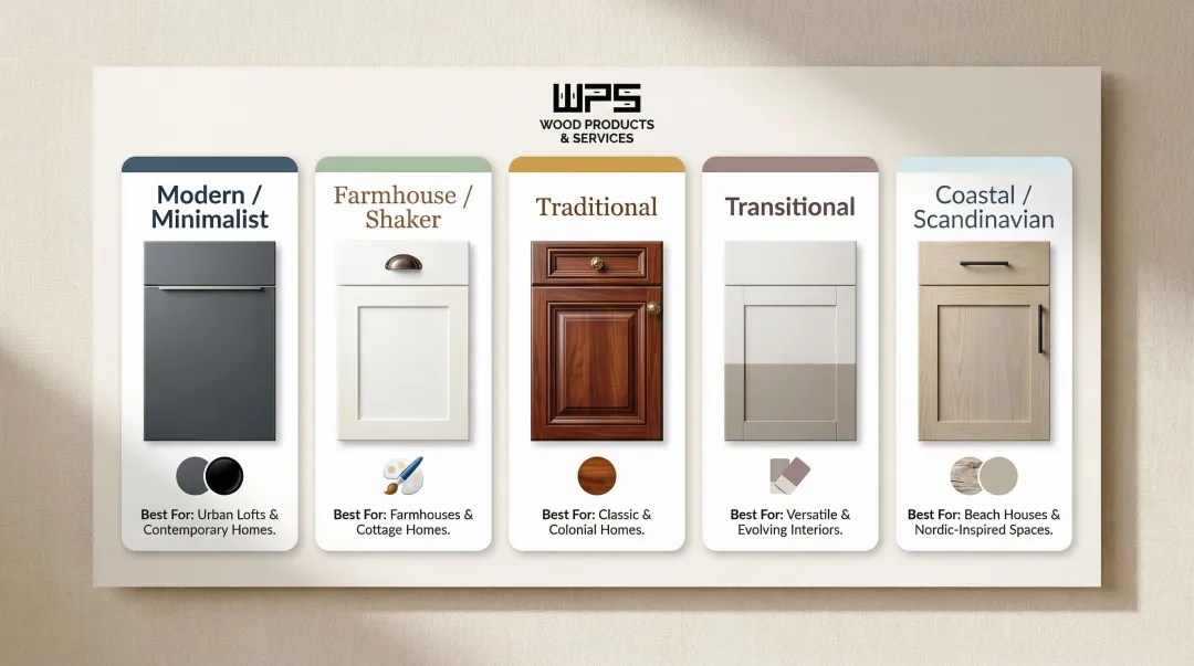 Five kitchen cabinet design styles comparison chart with door types and finishes