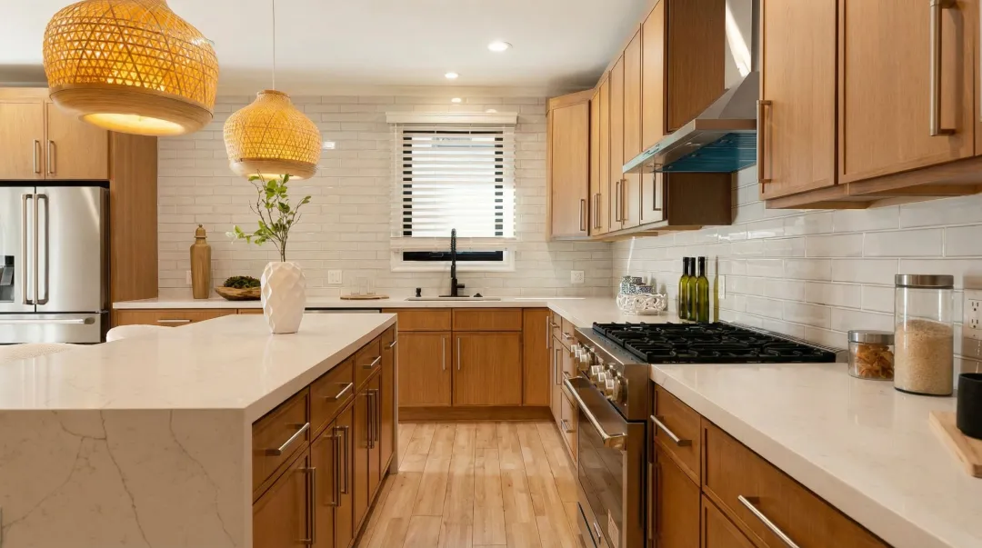 Natural white oak kitchen cabinets with warm wood grain finish in modern kitchen
