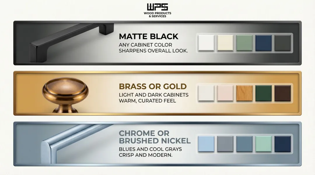 Cabinet hardware finish pairing guide matte black brass chrome color combinations