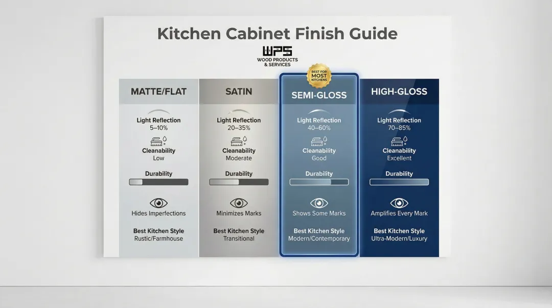 Four kitchen cabinet paint finishes comparison chart matte satin semi-gloss high-gloss