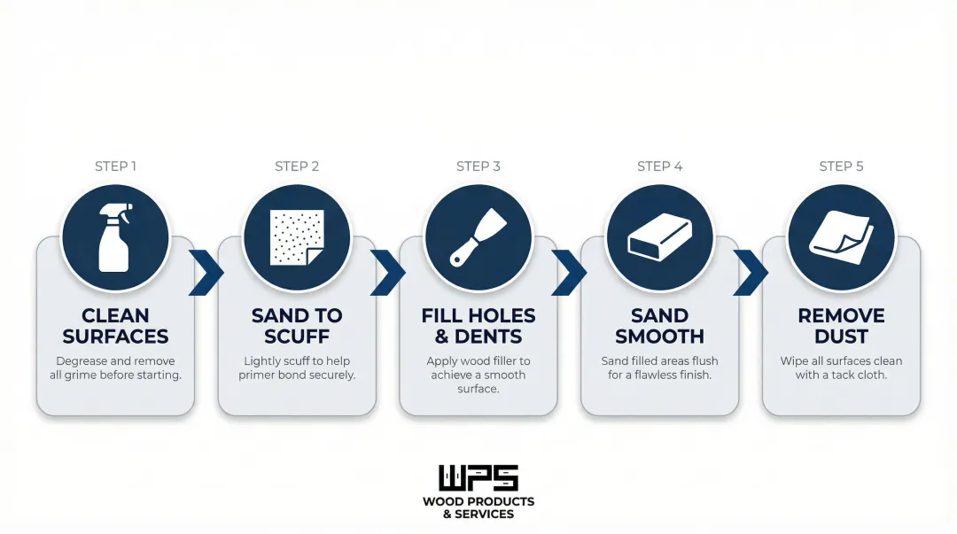 5-step kitchen cabinet surface preparation process before semi-gloss paint application