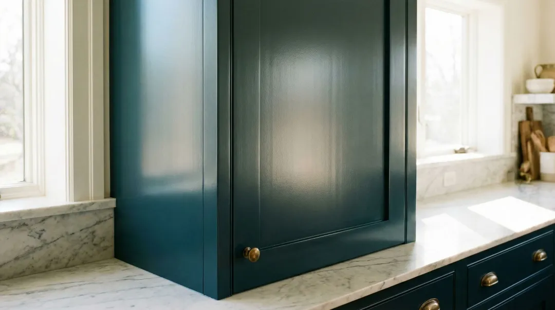 Custom cabinet door with 2K coating finish showing smooth semi-gloss surface quality