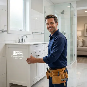 Craftsman installing custom bathroom cabinet