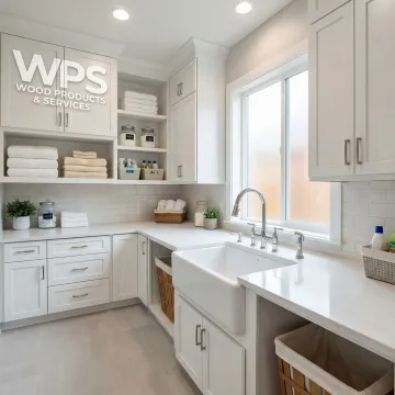 Custom laundry sink with white cabinets and organized storage in modern utility room