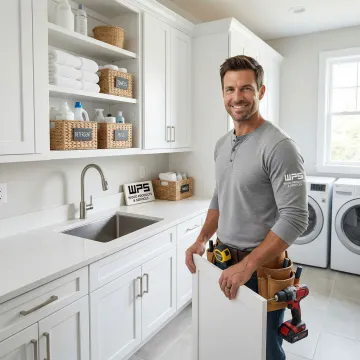Craftsman installing custom white laundry cabinets with integrated utility sink