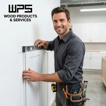 Craftsman installing modern white kitchen cabinets with precision tools