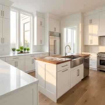 Modern white kitchen cabinets with sleek hardware in a bright contemporary kitchen