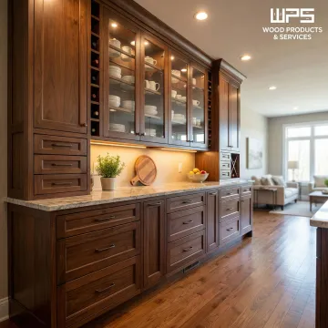 Elegant kitchen featuring custom brown cabinets with modern hardware and natural lighting