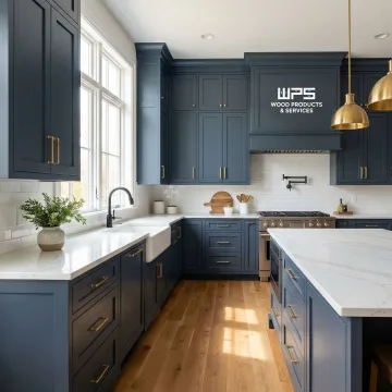 Beautiful blue painted kitchen cabinets in a modern Chalfont home