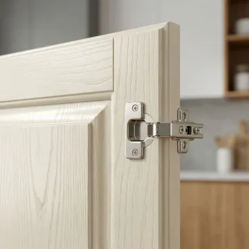 Close-up of custom hardwood cabinet door with smooth finish and soft-close hinge