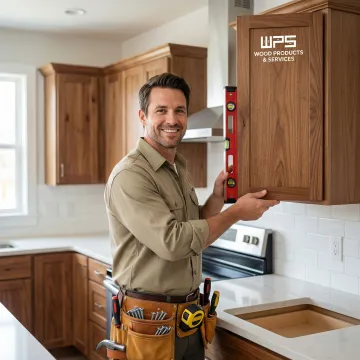 Craftsman installing custom wall mounted kitchen cabinets with precision tools