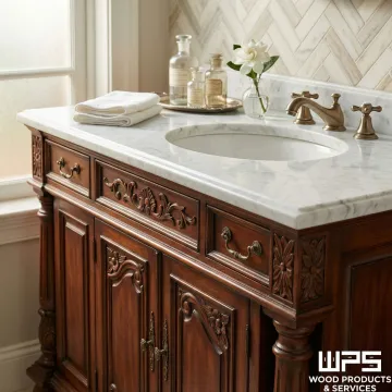 Elegant antique bathroom vanity with vintage cabinet styling in Royersford home