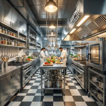 Commercial kitchen with stainless steel cabinets and professional cooking equipment