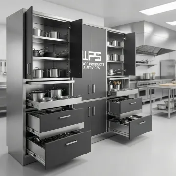 Commercial kitchen cabinet interior showing organizational features and heavy-duty construction