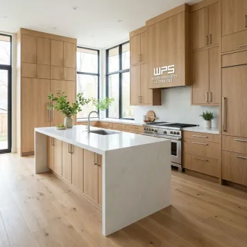 Modern white oak kitchen cabinets with sleek hardware and natural wood grain finish