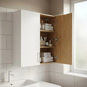 Custom wall-mounted corner bathroom cabinet with soft-close doors and elegant finish