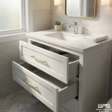 Custom 24 inch bathroom vanity with cabinet storage in modern compact bathroom