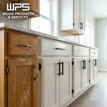 Before and after kitchen cabinet refinishing transformation