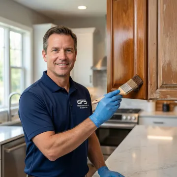 Professional refinishing of kitchen cabinets with modern finish application