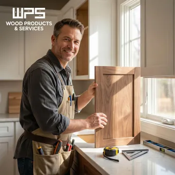 Skilled craftsman measuring and fitting a custom kitchen cabinet