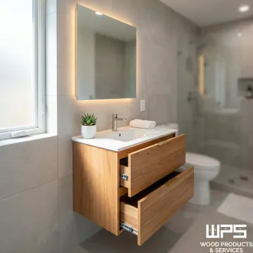 Slim narrow bathroom vanity with sink in a compact bathroom space