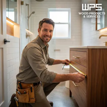 Cabinet maker measuring and installing a narrow bathroom vanity