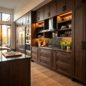 Custom dark wood kitchen cabinets with modern open shelving and integrated appliances