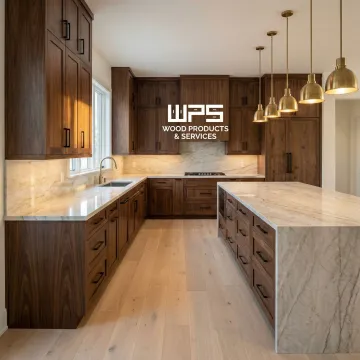 Modern dark wood kitchen cabinets with sleek hardware and stone countertops