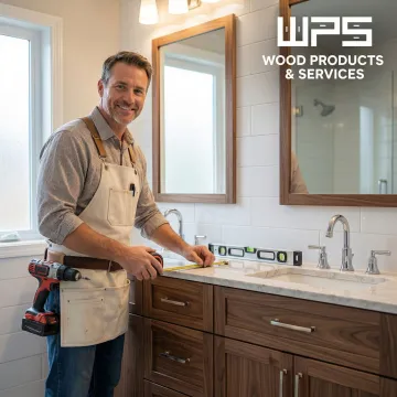 Cabinet maker measuring and installing a custom bathroom vanity with mirror
