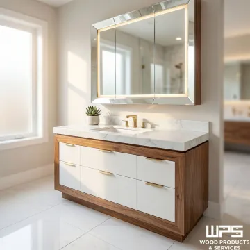 Custom bathroom vanity with mirror and cabinet installed in a modern bathroom
