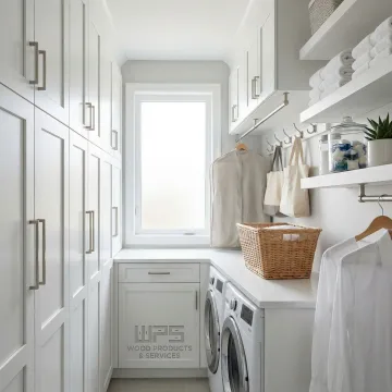 Laundry room with custom cabinet hardware including pulls and hooks