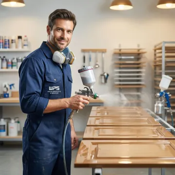 Cabinet maker applying high gloss finish to custom kitchen cabinet doors in a workshop