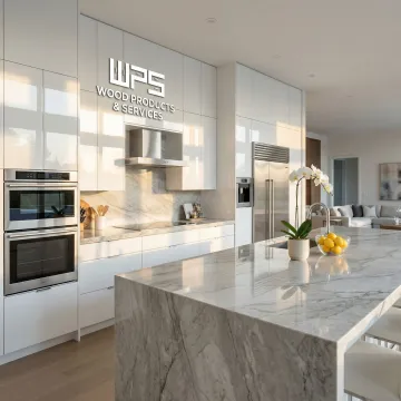 Modern high gloss white kitchen cabinets with sleek handleless doors and polished countertops