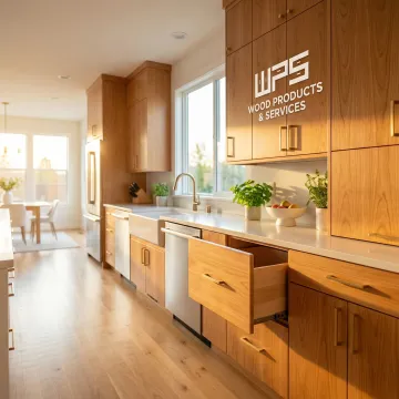 Modern natural wood kitchen cabinets with warm grain finish and sleek hardware