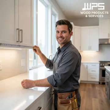 Cabinet maker measuring and installing flat panel European kitchen cabinets