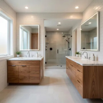 Custom his and hers separate bathroom vanities with dual sinks and wood cabinetry