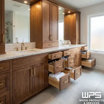 Custom dual bathroom vanity with separate storage units and matching wood finishes
