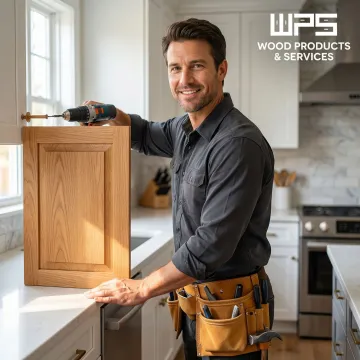 Craftsman carefully installing a custom wood kitchen cabinet door