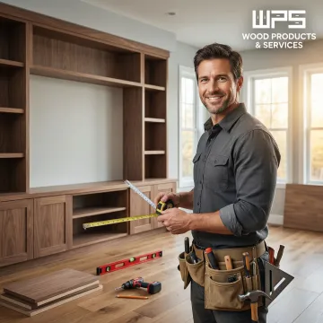 Cabinet maker measuring and installing a custom entertainment built-in unit