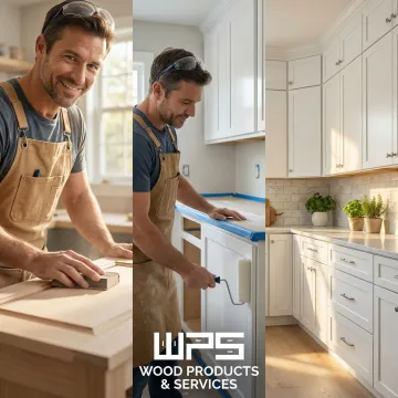 Cabinet refinishing process steps from preparation to finished kitchen cabinets