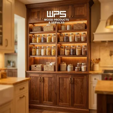 Custom solid wood kitchen pantry cabinets with open shelving and organized storage