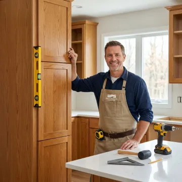 Craftsman installing custom solid wood kitchen pantry cabinets in a residential kitchen
