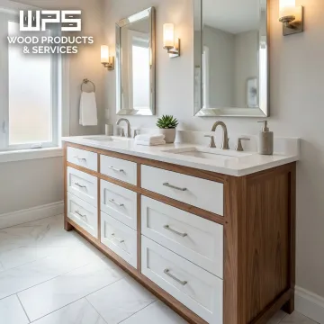 Custom 55-inch bathroom vanity cabinet with double sink and soft-close drawers