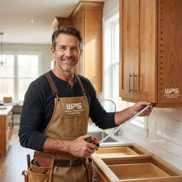 Cabinet maker measuring and installing custom cabinets in a home kitchen