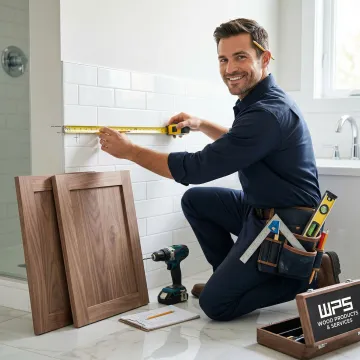 Craftsman measuring and installing a corner linen cabinet in a bathroom