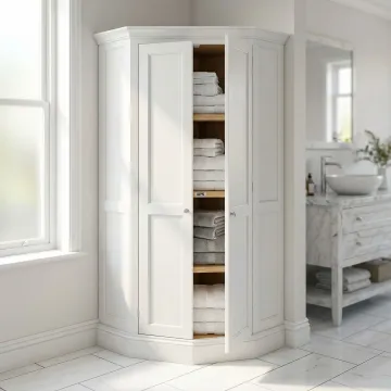 Custom corner linen cabinet installed in a bathroom by Quality Made Cabinets