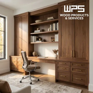 Custom built-in office cabinetry with integrated desk and shelving in a professional workspace