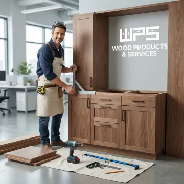 Cabinet craftsman measuring and installing custom built-in office cabinetry