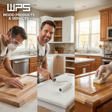 Cabinet refinishing process steps showing preparation and finishing in a Phoenix home