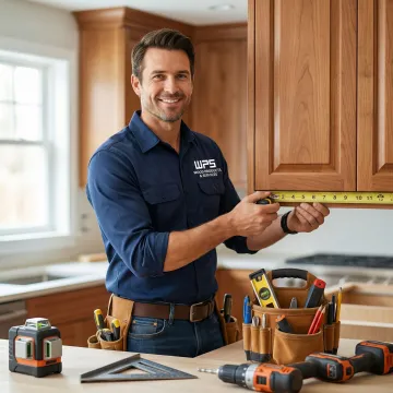 Cabinet craftsman measuring and installing custom kitchen cabinets